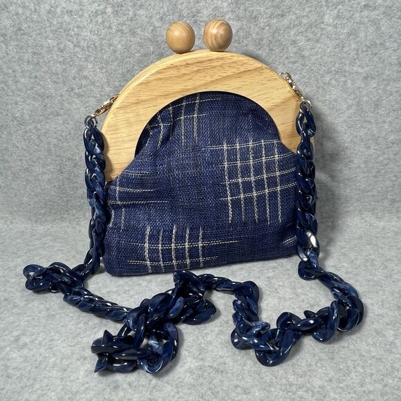Pushi Blue Tweed Timber Handle Frame Clutch Detachable Strap Magnetic Closure - Picture 2 of 16